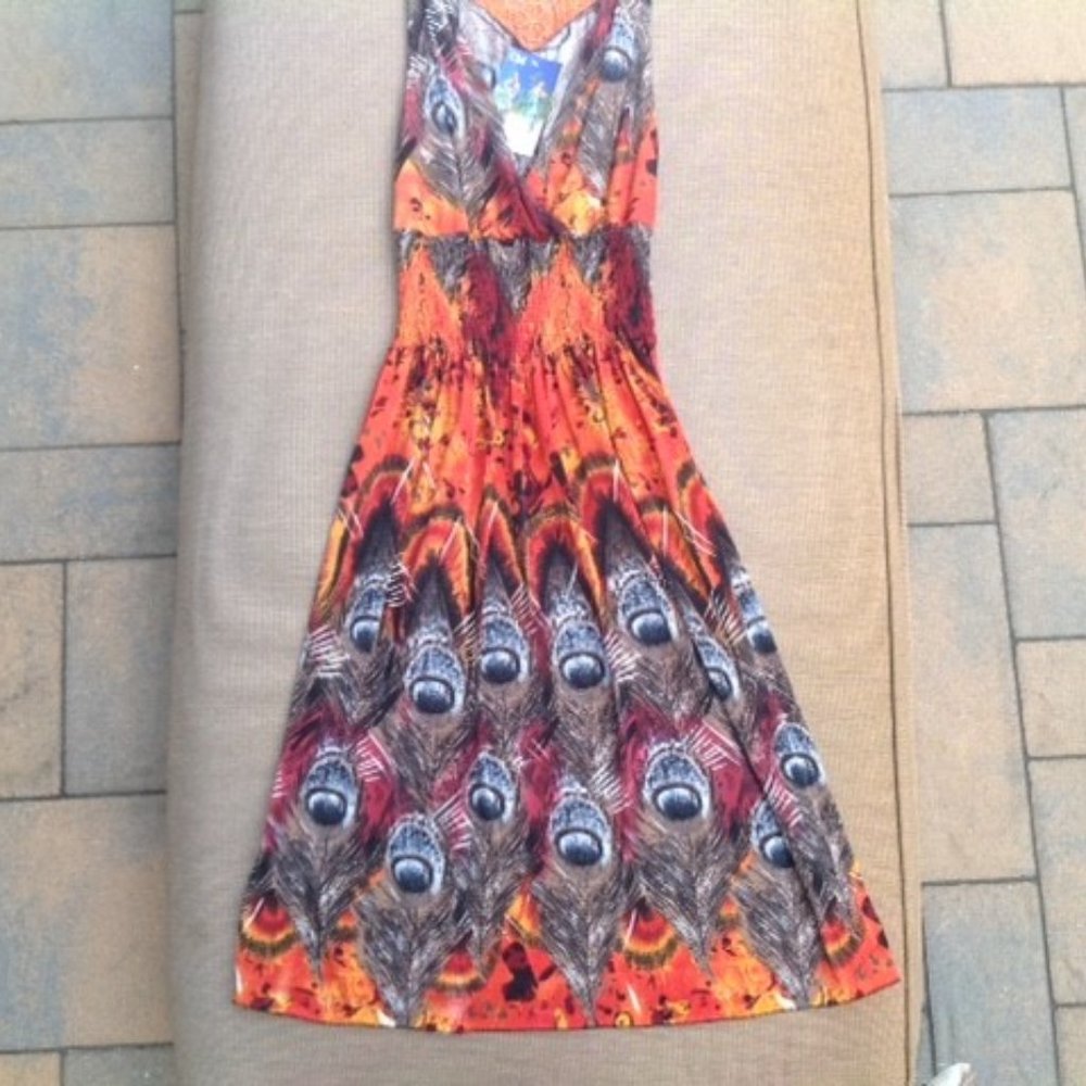NWT LACE ORANGE PEACOCK FEATHER PRINT DRESS SUNDRESS M - Picture 2 of 7